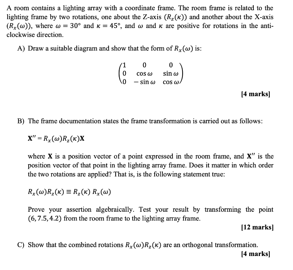 Solved A room contains a lighting array with a coordinate | Chegg.com
