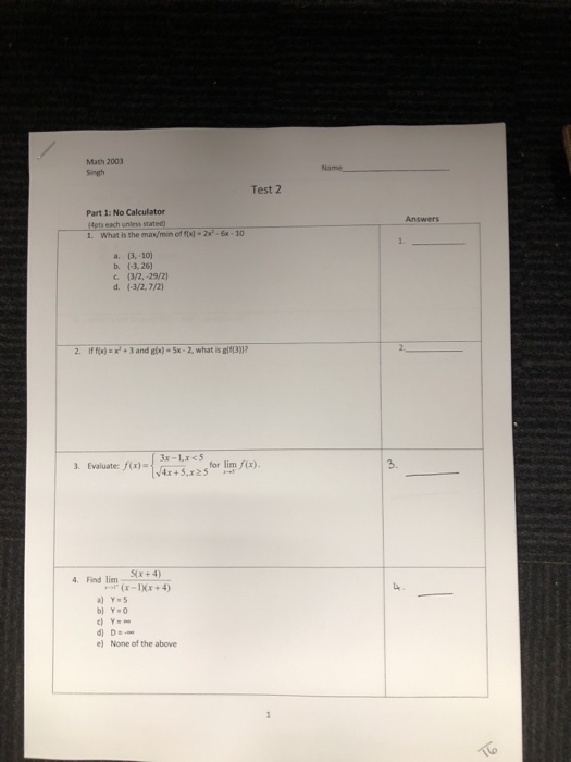 Solved Math 2003 singh Name, Test 2 Part 1: No Calculator | Chegg.com