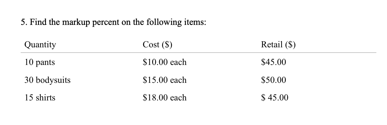 Solved 5. Find the markup percent on the following items: | Chegg.com