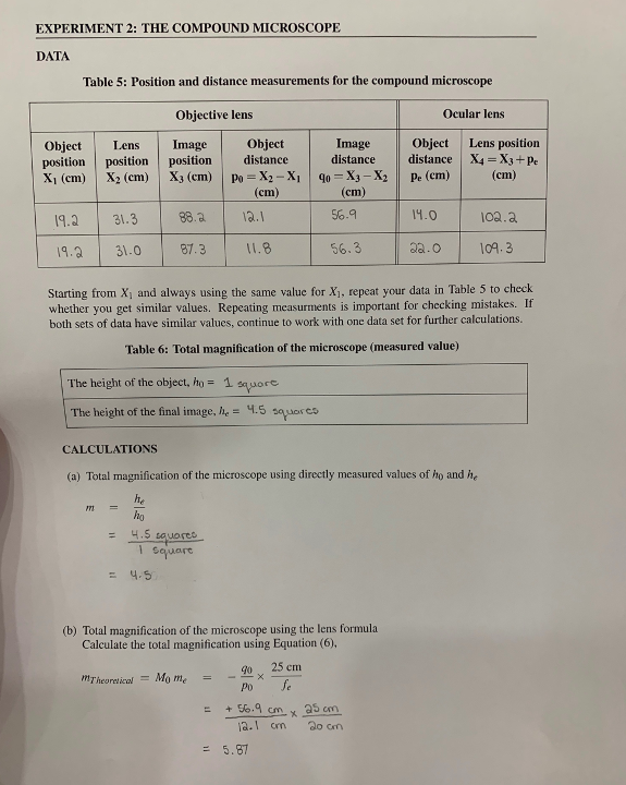 Solved EXPERIMENT 2: THE COMPOUND MICROSCOPE DATA Table 5: | Chegg.com