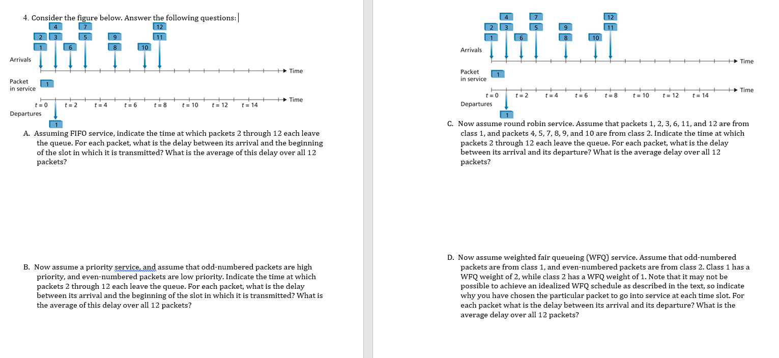 C. Now assume round robin service. Assume that packets \( 1,2,3,6,11 \), and 12 are from
A. Assuming FIFO service, indicate t