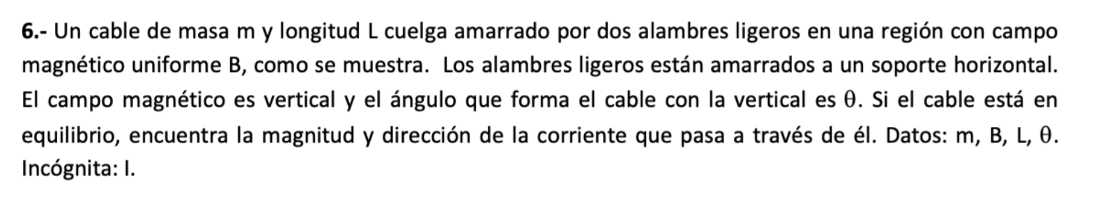 6.- Un cable de masa \( \mathrm{m} \) y longitud \( \mathrm{L} \) cuelga amarrado por dos alambres ligeros en una región con