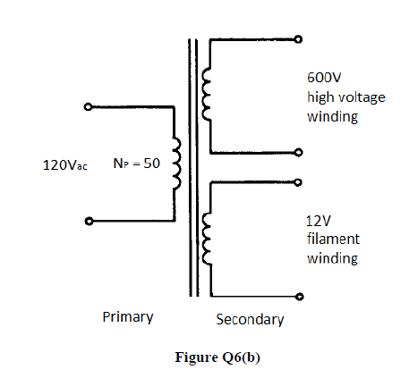 Solved 600V high voltage winding 120Vac NP = 50 12V filament | Chegg.com