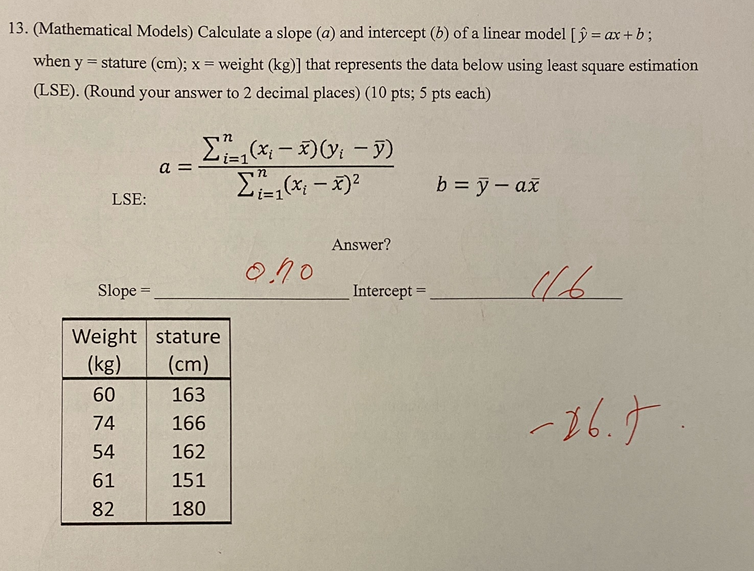 Solved 13. (Mathematical Models) Calculate a slope (a) and | Chegg.com