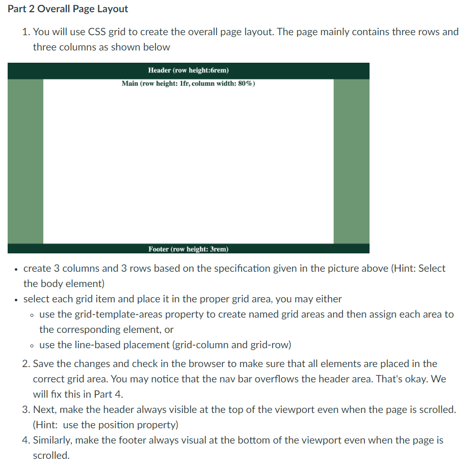 Solved Part 2 ﻿Overall Page LayoutYou will use CSS grid to | Chegg.com