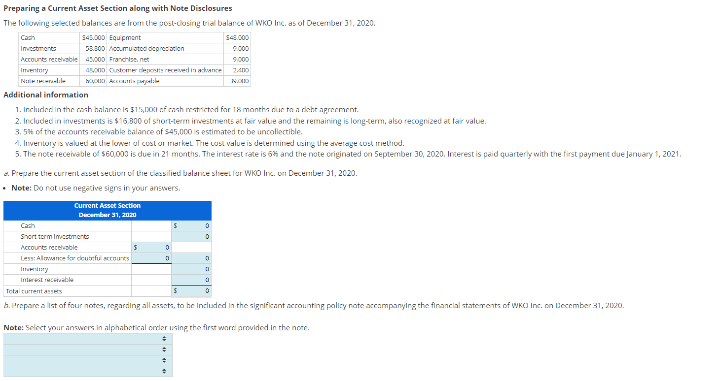 Solved Preparing a Current Asset Section along with Note | Chegg.com