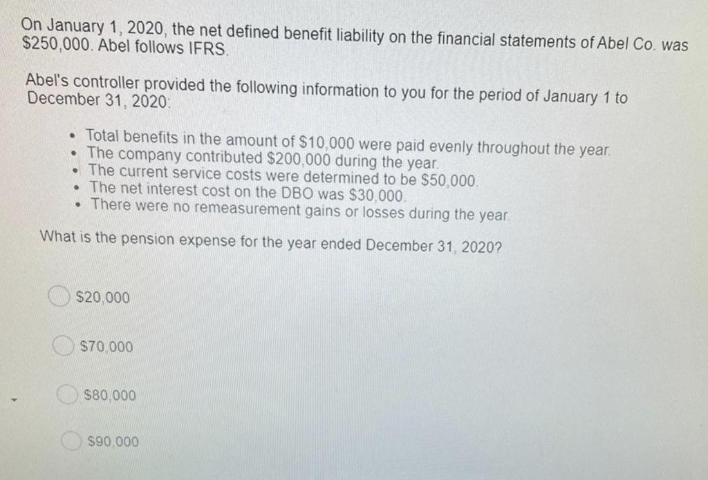 Solved On January 1, 2020, the net defined benefit liability