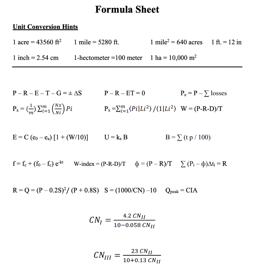 Solved Formula Sheet Unit Conversion Hints 1 acre = 43560 | Chegg.com
