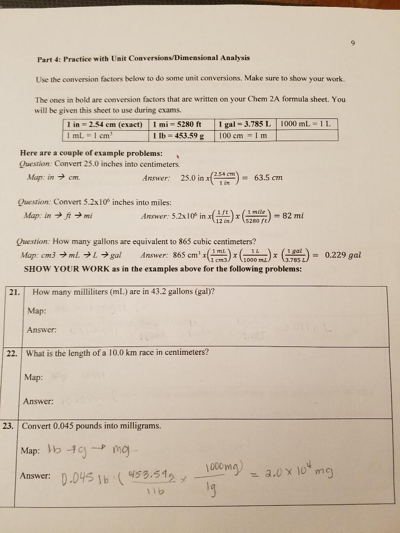 Solved 9 Part 4 Practice With Unit Conversions Dimensional Chegg Com