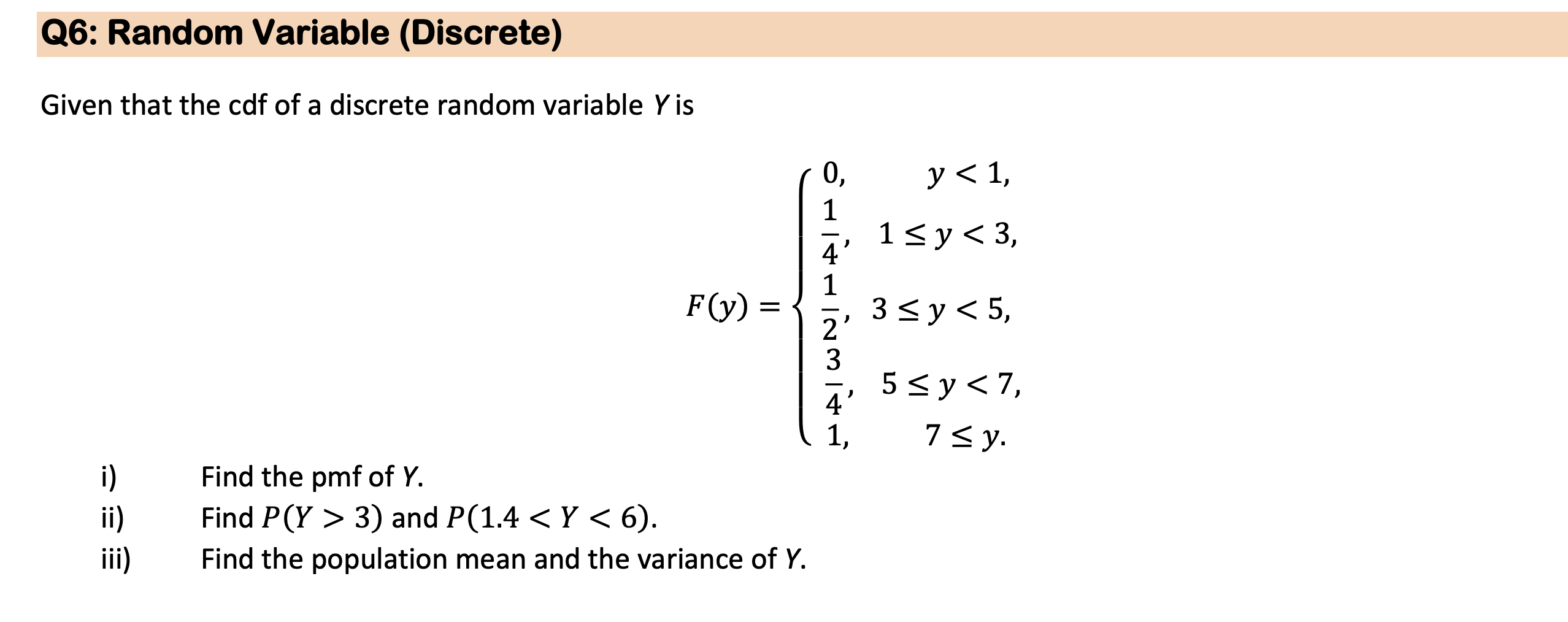 Solved Given that the cdf of a discrete random variable Y is | Chegg.com