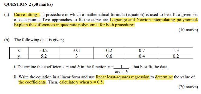 Solved QUESTION 2 (30 marks) (a) Curve fitting is a | Chegg.com