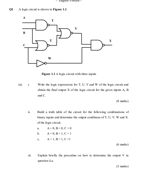 Solved English Version Q1 A logic circuit is shown in Figure 