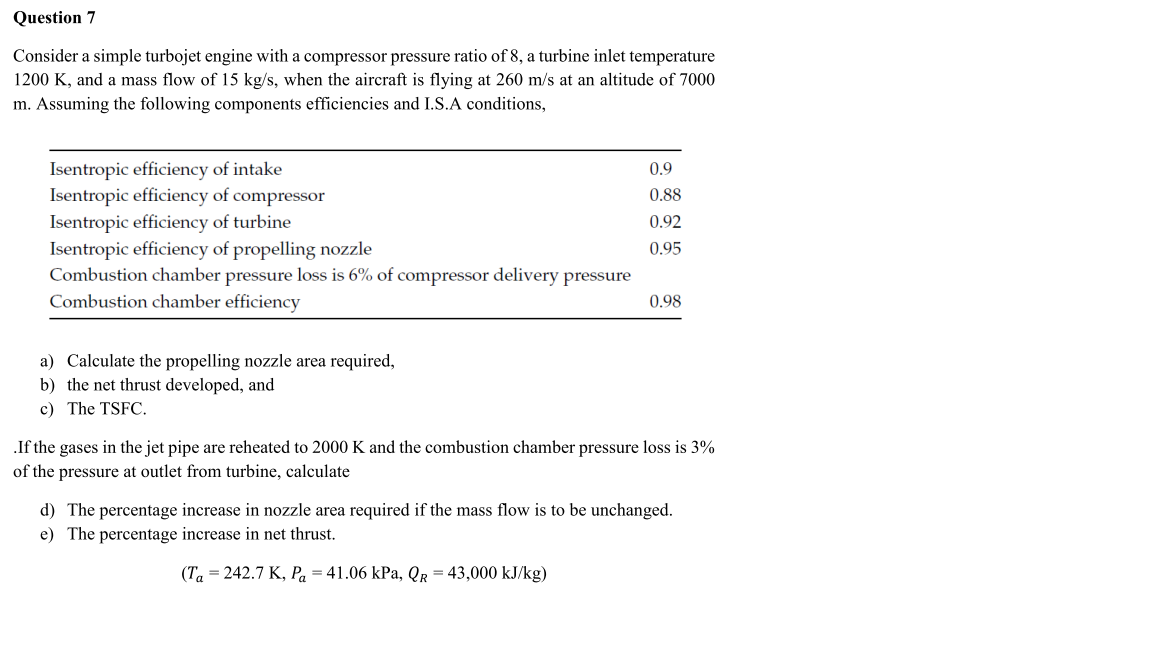 Solved Question 7 Consider a simple turbojet engine with a | Chegg.com