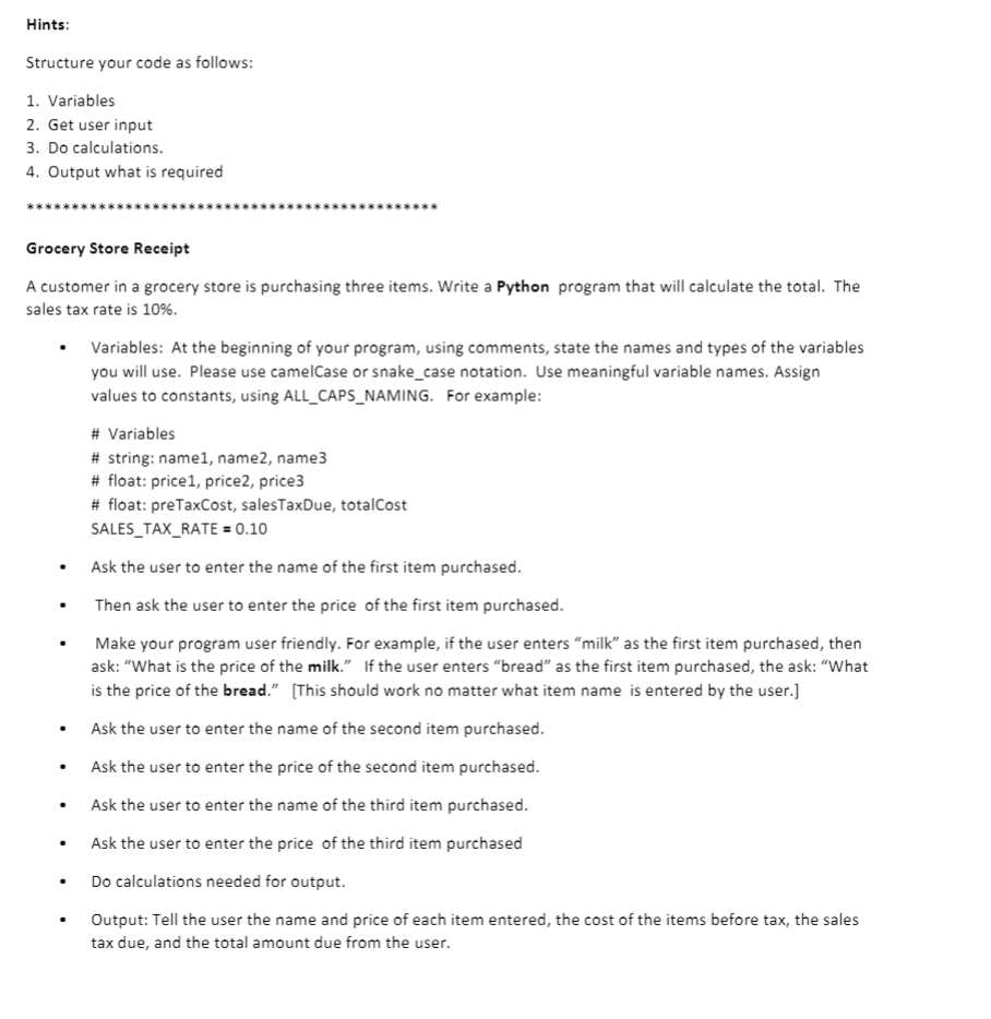 Solved Hints: Structure your code as follows: 1. Variables | Chegg.com