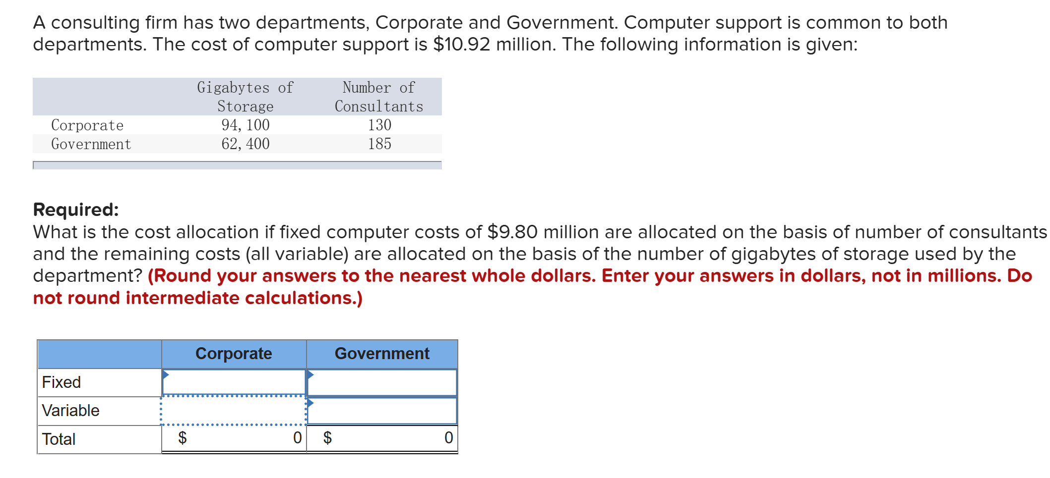 Solved A Consulting Firm Has Two Departments, Corporate And | Chegg.com