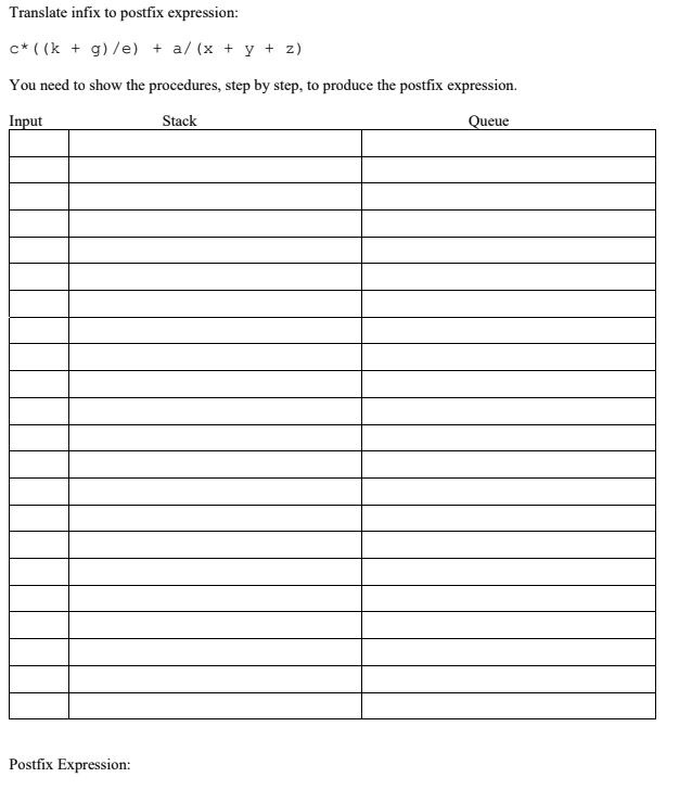 Solved Translate infix to postfix expression c*((k + g)/e)