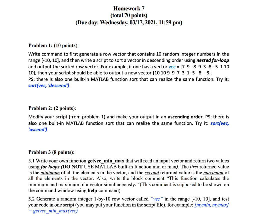 Solved SOLVE IN MATLAB Problem 1: (10 points): Write command | Chegg.com
