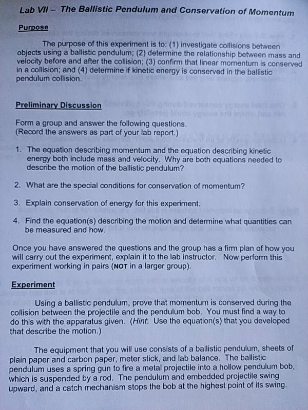 Solved Lab VII – The Ballistic Pendulum and Conservation of | Chegg.com
