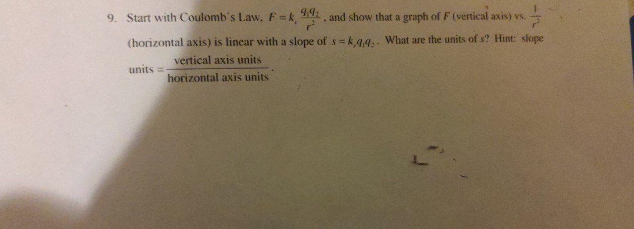9. Start with Coulombs Law, \( F=k_{e} \frac{q_{1} q_{2}}{r^{2}} \), and show that a graph of \( F \) (vertical axis) vs. \(