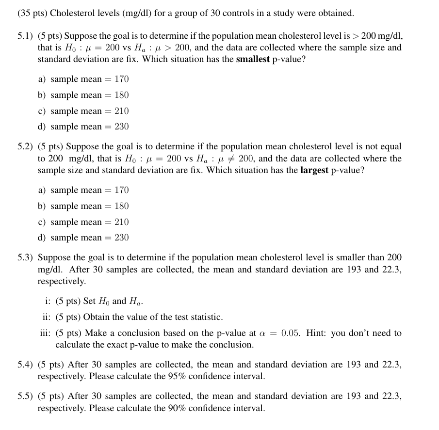 Solved 35 Pts Cholesterol Levels Mg Dl For A Group Of 30 Chegg Com