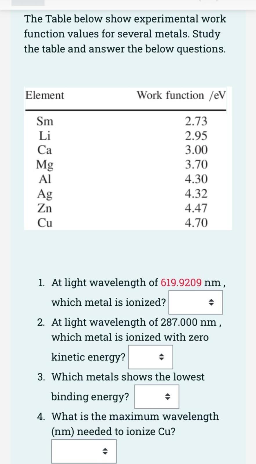 Solved The Table below show experimental work function | Chegg.com