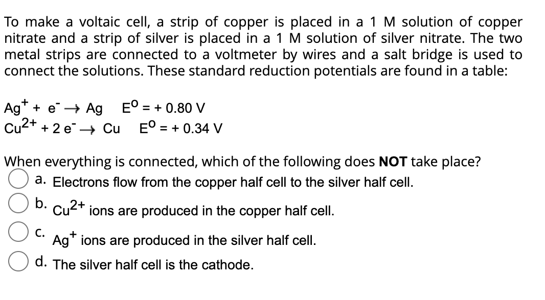 Solved To Make A Voltaic Cell, A Strip Of Copper Is Placed | Chegg.com