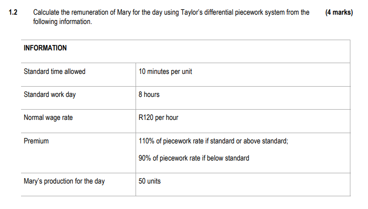 Solved 1.2 (4 marks) Calculate the remuneration of Mary for | Chegg.com