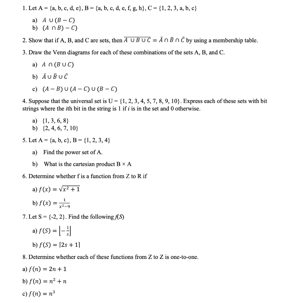 Solved 1. Let A = {a, B, C, D, E), B = {a, B, C, D, E, F, G, | Chegg.com