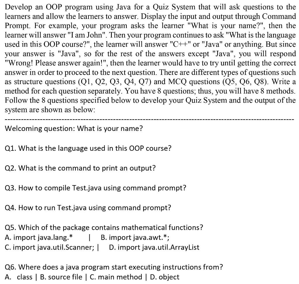 Solved Develop an OOP program using Java for a Quiz System | Chegg.com