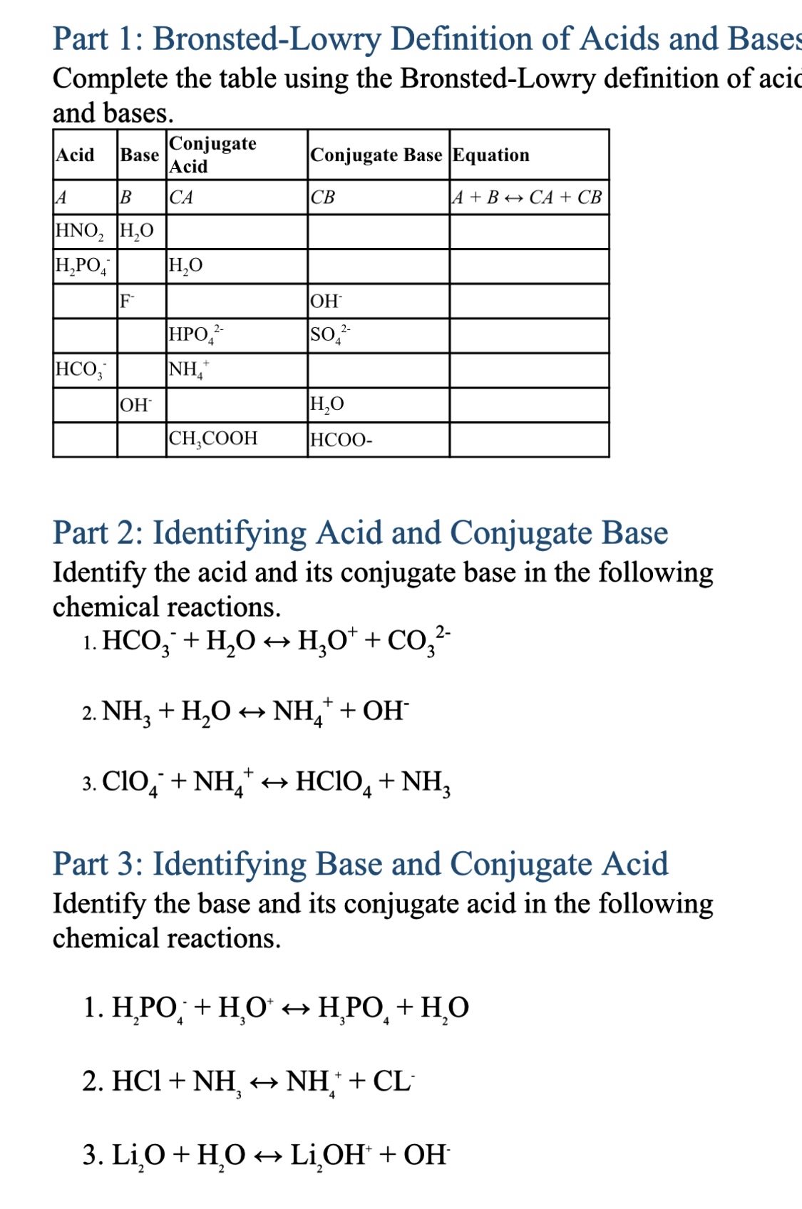 Solved Part 1: Bronsted-Lowry Definition Of Acids And Base | Chegg.com