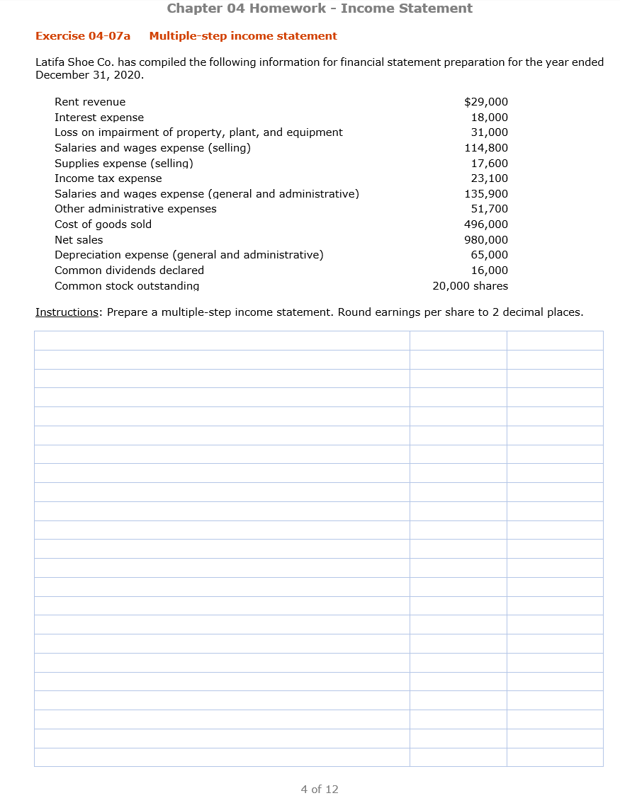 Solved Chapter 04 Homework - Income Statement Exercise | Chegg.com