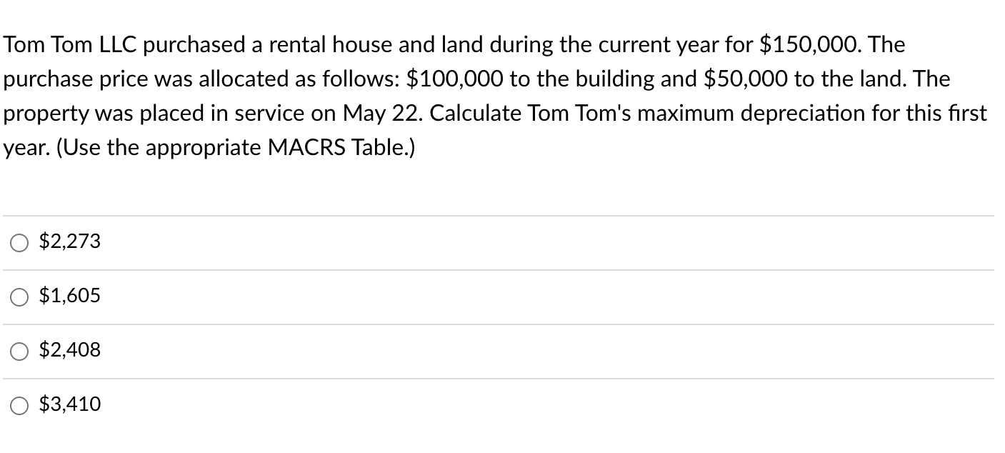 Solved Tom Tom LLC purchased a rental house and land during