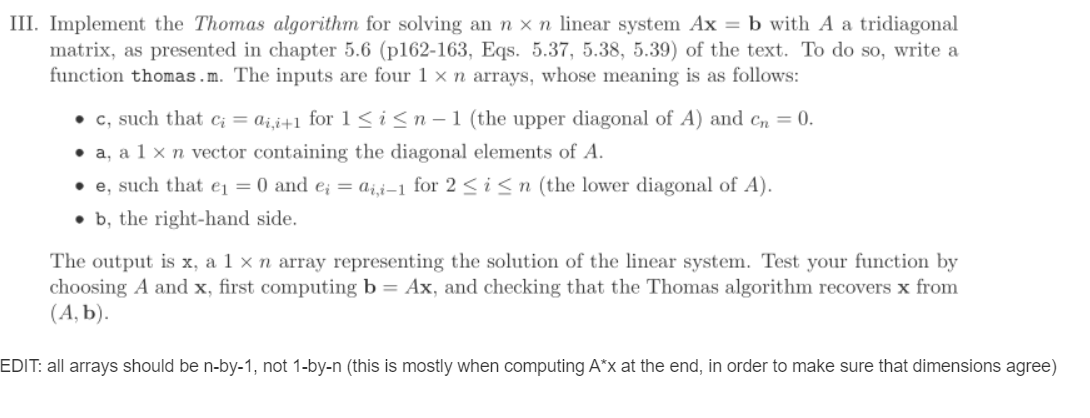 Solved III. Implement the Thomas algorithm for solving an n | Chegg.com