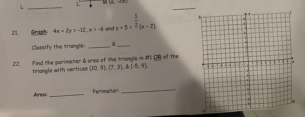 Solved 21. Graph: 4x+2y=−12,x=−6 and y+5=21(x−2). Classify | Chegg.com