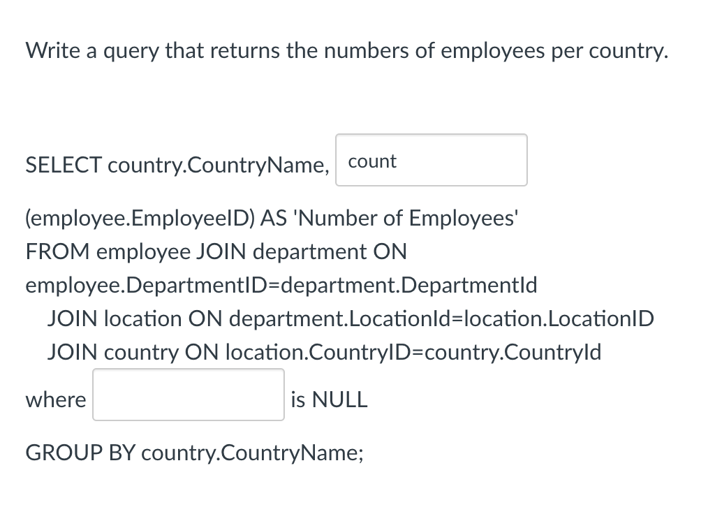 Solved Write a query that returns the numbers of employees | Chegg.com