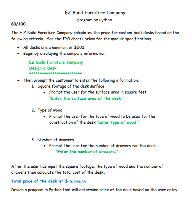 Solved EZ Build Furniture Company program on Python 80/100 | Chegg.com