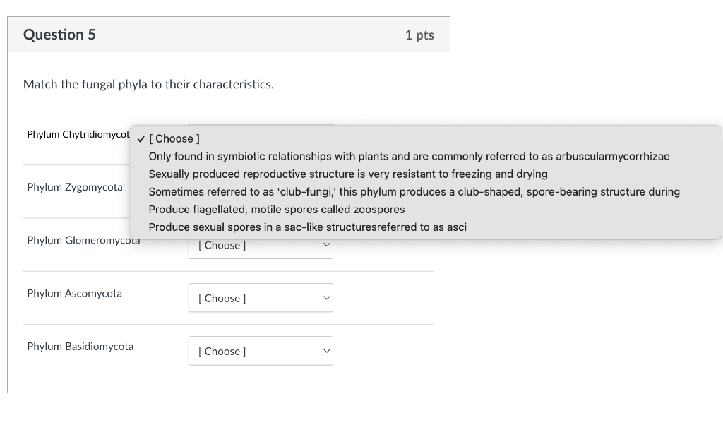 Solved Question 5 1 pts Match the fungal phyla to their | Chegg.com