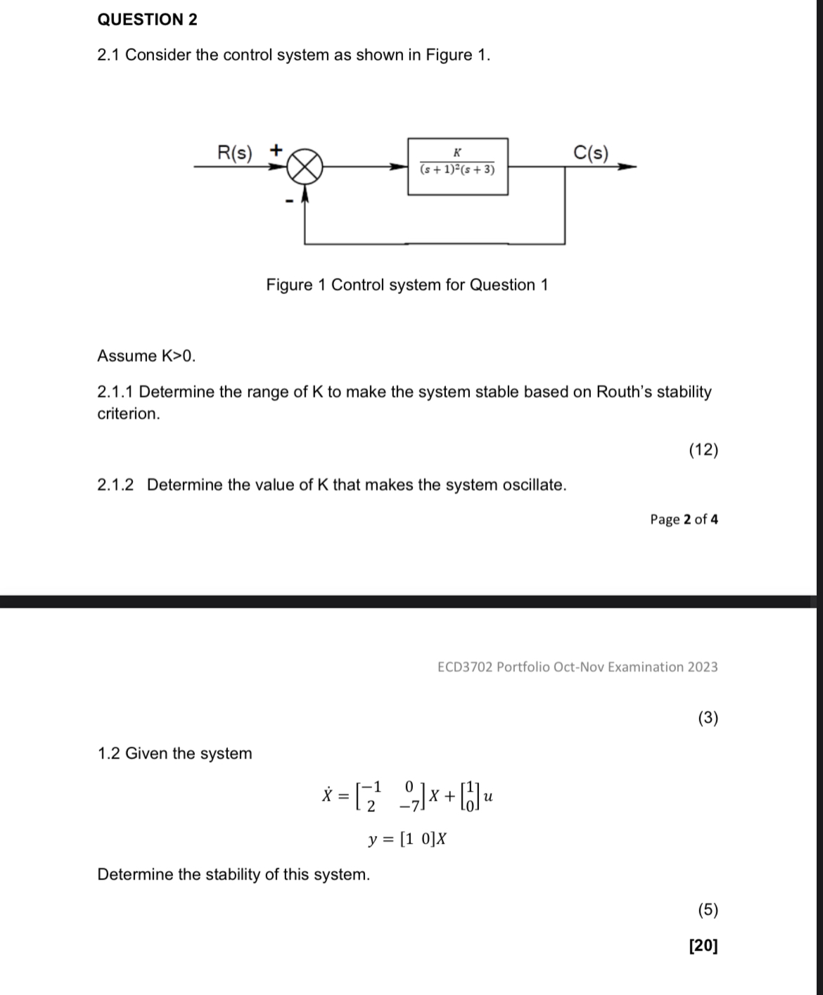 Solved 2.1 Consider The Control System As Shown In Figure 1. | Chegg.com