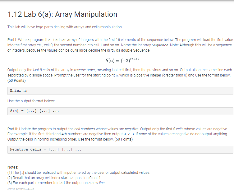 Solved This lab will have tw\{o parts dealing with arrays | Chegg.com