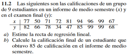 11.2 Las siguientes son las calificaciones de un grupo de 9 estudiantes en un informe de medio semestre \( (x) \) y en el exa