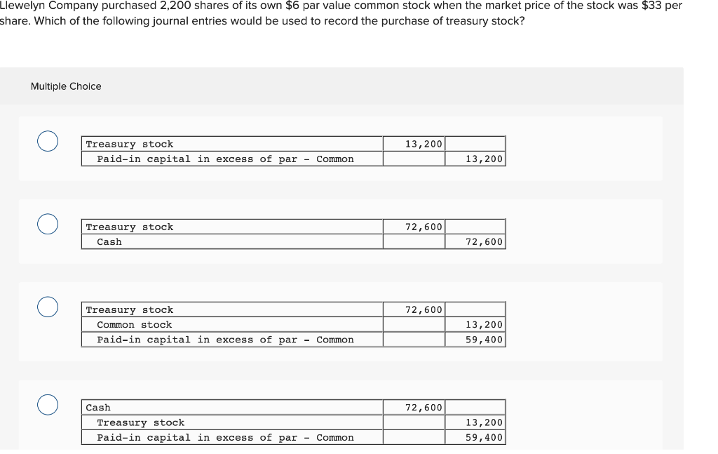 Solved Llewelyn Company purchased 2,200 shares of its own $6 