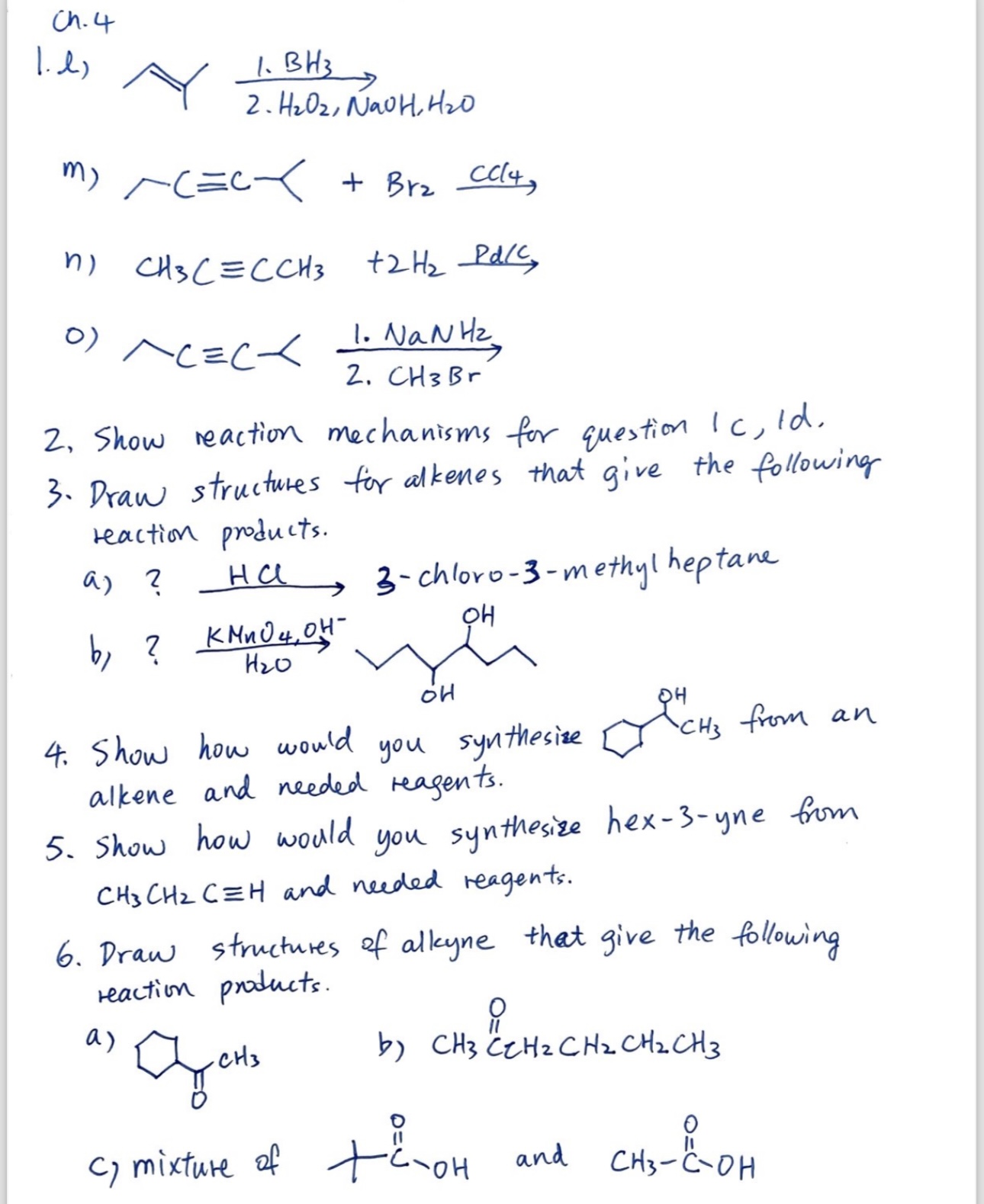 Solved Ch. 4 1. L) M) N) Ch3c≡cch3+2h2 Pd C O) 2. Show 