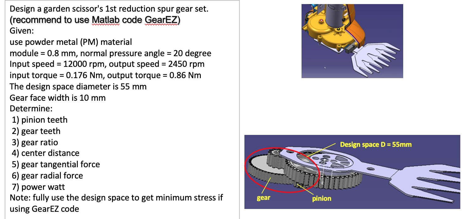 Design a garden scissor's 1st reduction spur gear | Chegg.com