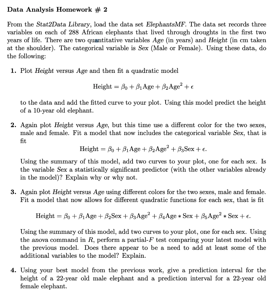 Data Analysis Homework # 2 From the Stat2Data | Chegg.com