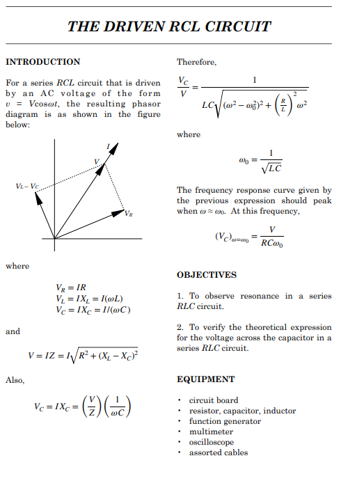 Solved Hi this question pertains to a driven RCL circuit | Chegg.com