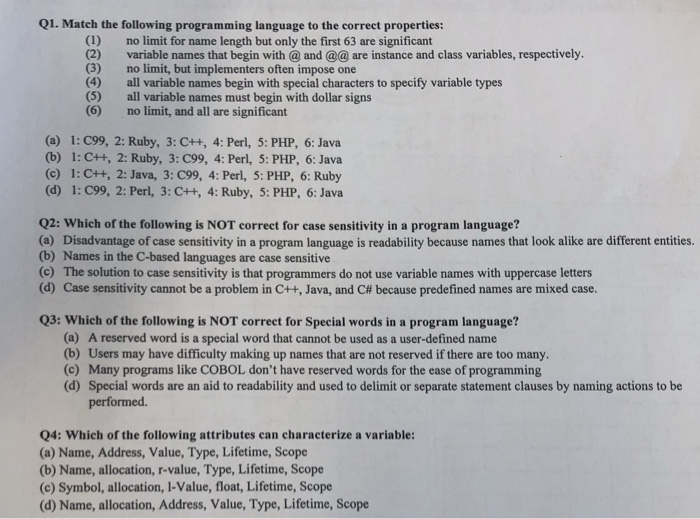 Solved Q1. Match the following programming language to the | Chegg.com