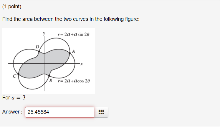 (1 ﻿point)Find the area between the two curves in the | Chegg.com