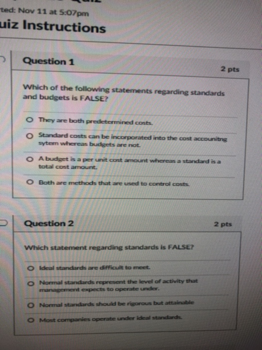 Solved ted: Nov 11 at 5:07pm uiz Instructions Question 1 2 | Chegg.com