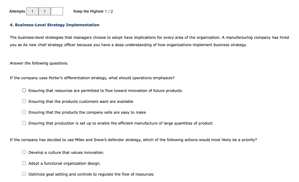 Solved 4. Business-Level Strategy Implementation Answer The | Chegg.com