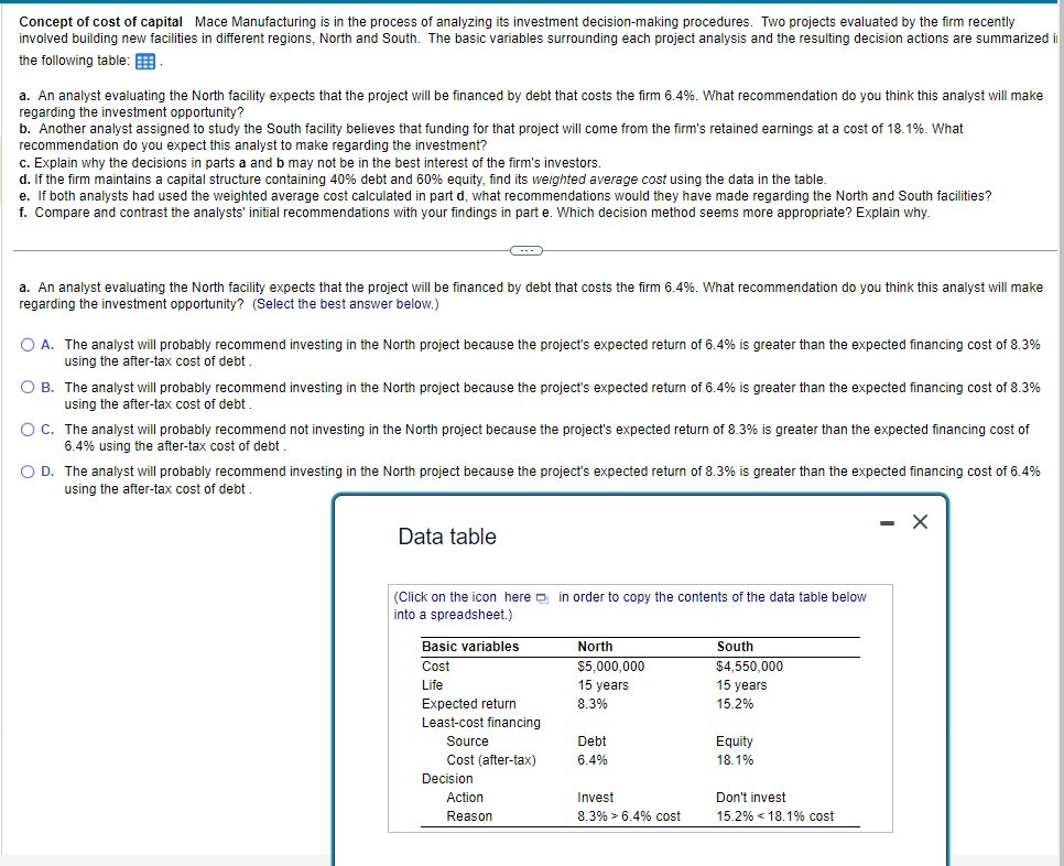 Solved Concept of cost of capital Mace Manufacturing is in